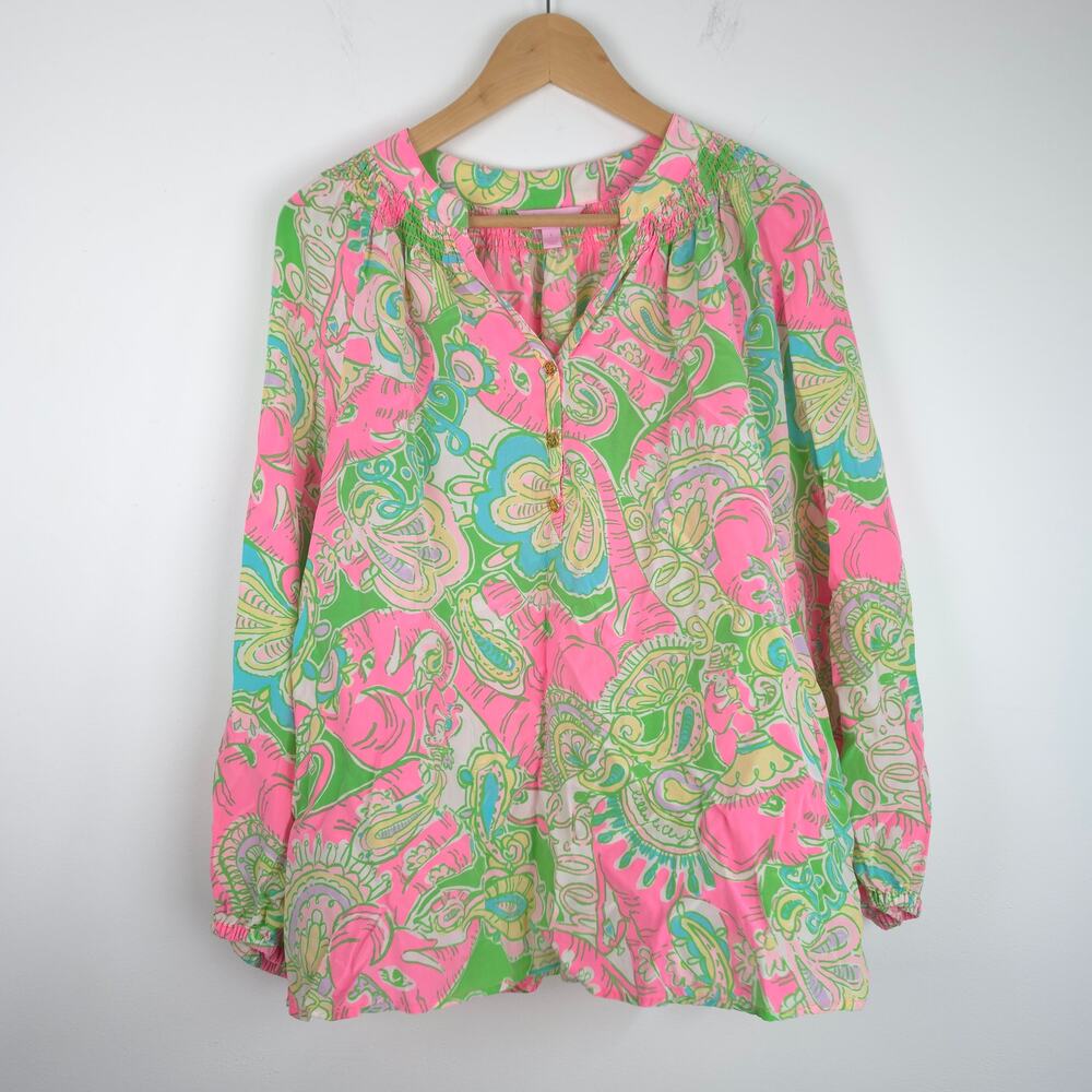 Lilly Pulitzer Elsa Silk Top Blouse Chin Chin Paisley V-Neck SZ Large Pink Green